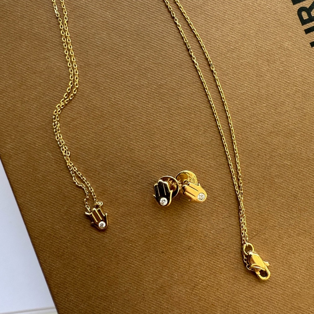 14K Solid Gold Hamsa Necklace + Earrings with natural diamonds - Picture 3 of 7